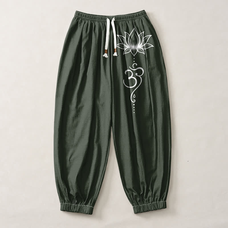 Buddha Stones Pantalones harem para hombre de algodón puro con estampado Lotus Om, cordón ajustable y bolsillos. - image 13