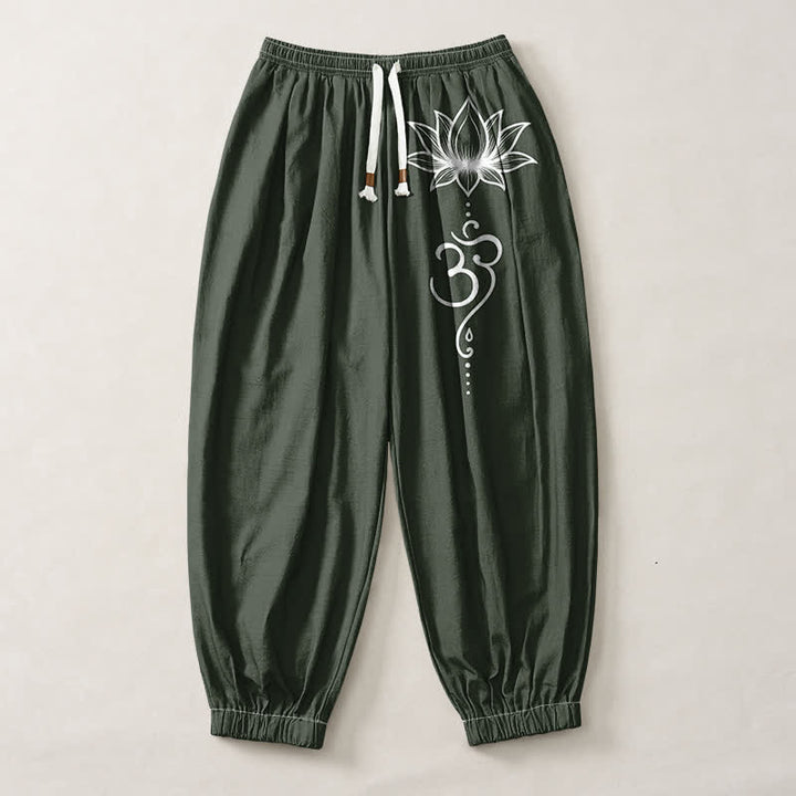 Buddha Stones Pantalones harem para hombre de algodón puro con estampado Lotus Om, cordón ajustable y bolsillos. - image 13