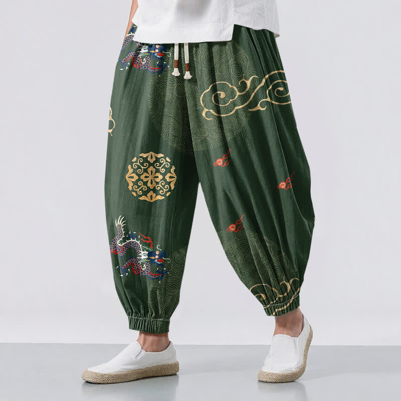 Buddha Stones Pantalones harem para hombre de algodón puro con estampado de medallón de nube dorada y dragón, con cordón ajustable y bolsillos. - Verde bosque - US/UK/AU50, EU60 (5XL) - image 0