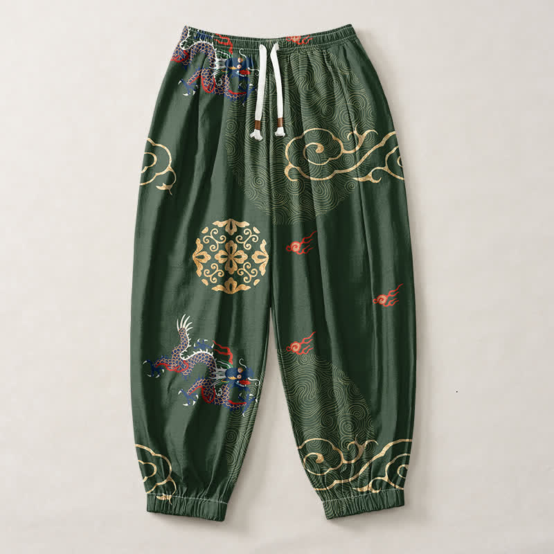Buddha Stones Pantalones harem para hombre de algodón puro con estampado de medallón de nube dorada y dragón, con cordón ajustable y bolsillos. - image 1