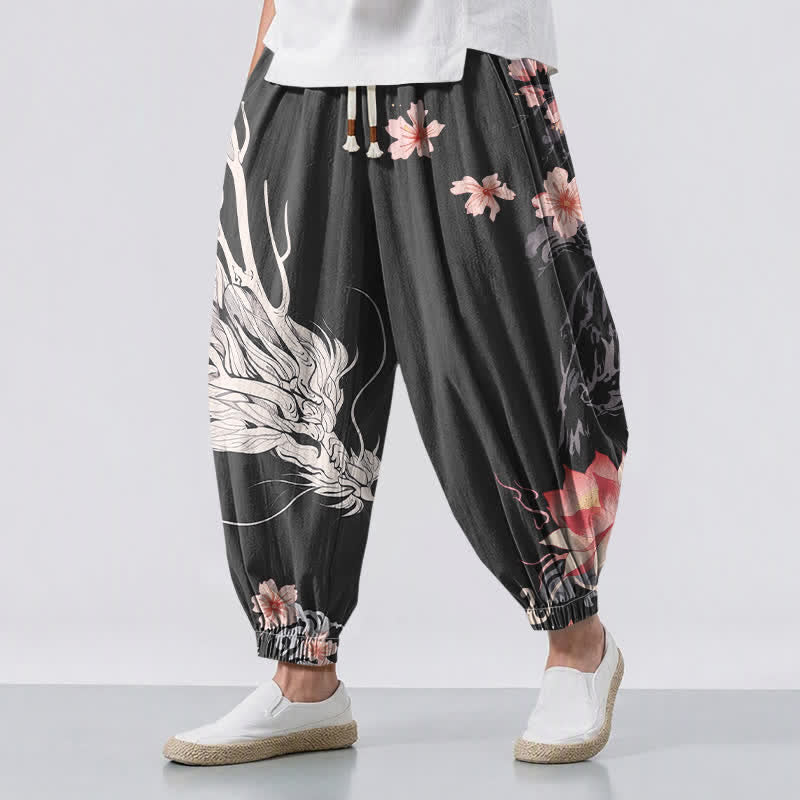 Buddha Stones Pantalones harem para hombre de algodón puro con estampado de dragón, flor de loto y cordón ajustable, con bolsillos. - Negro - US/UK/AU50, EU60 (5XL) - image 0