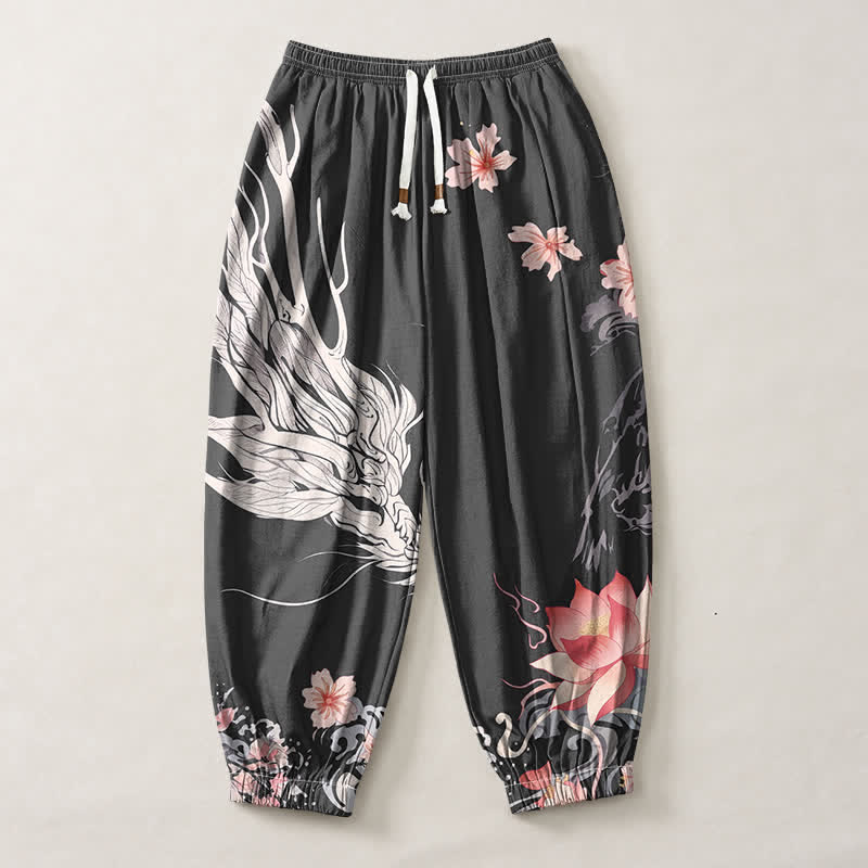 Buddha Stones Pantalones harem para hombre de algodón puro con estampado de dragón, flor de loto y cordón ajustable, con bolsillos. - image 1
