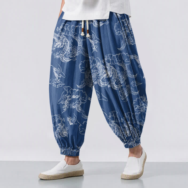 Buddha Stones Pantalones harem para hombre de algodón puro con estampado de dragón y nubes, cordón ajustable y bolsillos. - Azul acero - US/UK/AU50, EU60 (5XL) - image 0