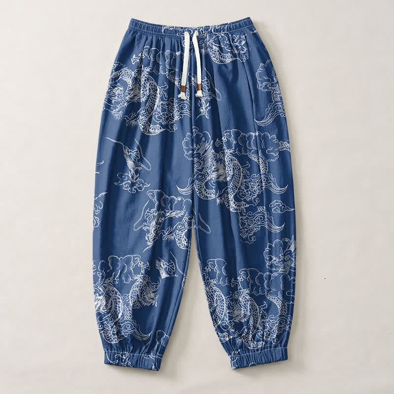 Buddha Stones Pantalones harem para hombre de algodón puro con estampado de dragón y nubes, cordón ajustable y bolsillos. - image 1