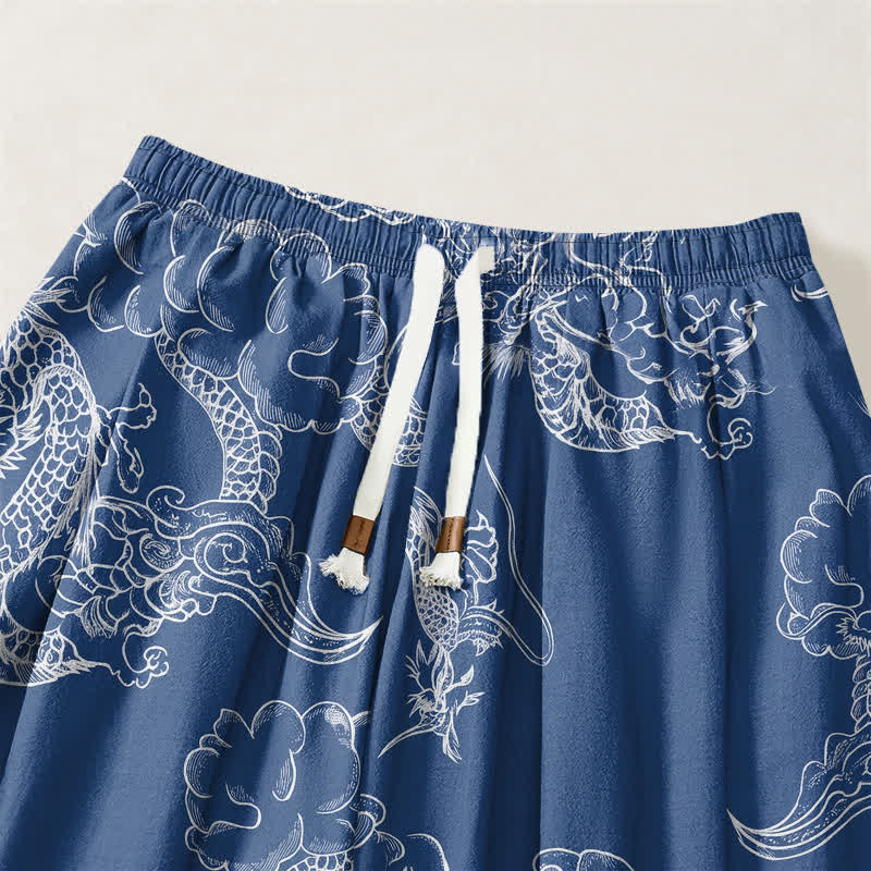 Buddha Stones Pantalones harem para hombre de algodón puro con estampado de dragón y nubes, cordón ajustable y bolsillos. - image 3