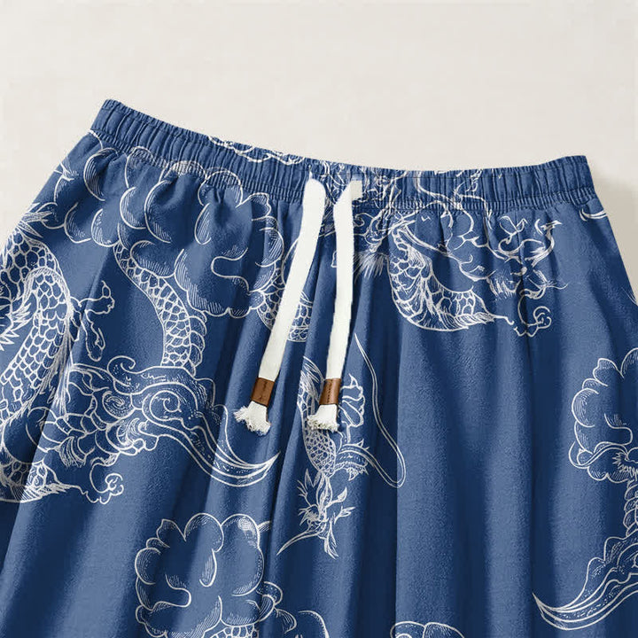 Buddha Stones Pantalones harem para hombre de algodón puro con estampado de dragón y nubes, cordón ajustable y bolsillos. - image 3