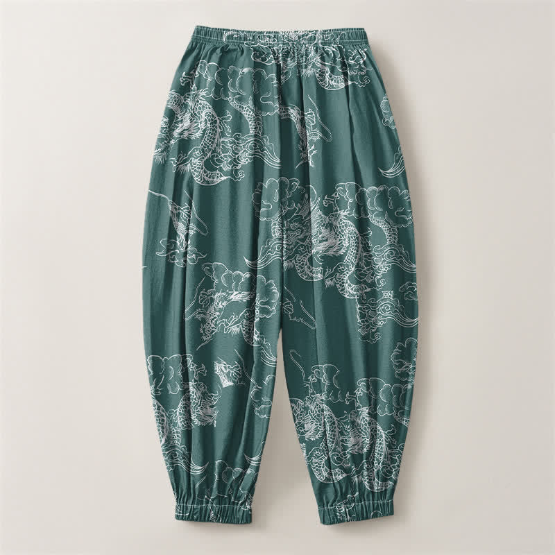 Buddha Stones Pantalones harem para hombre de algodón puro con estampado de dragón y nubes, cordón ajustable y bolsillos. - image 8