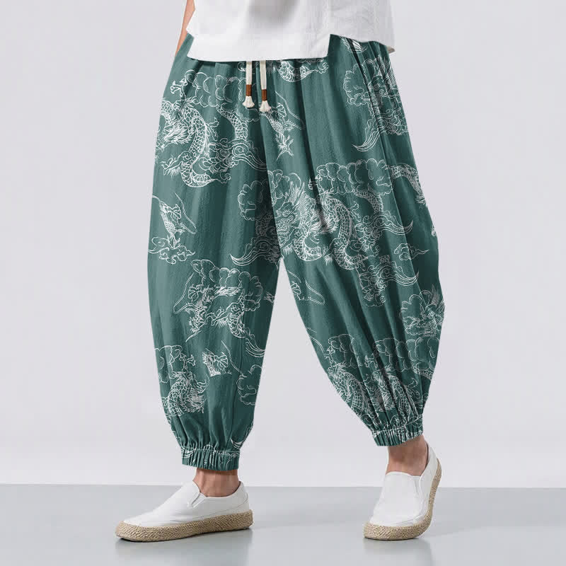 Buddha Stones Pantalones harem para hombre de algodón puro con estampado de dragón y nubes, cordón ajustable y bolsillos. - Verdemar - US/UK/AU50, EU60 (5XL) - image 6