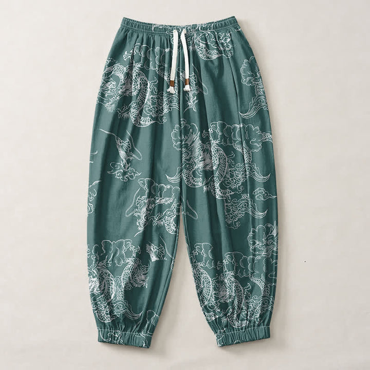Buddha Stones Pantalones harem para hombre de algodón puro con estampado de dragón y nubes, cordón ajustable y bolsillos. - image 7