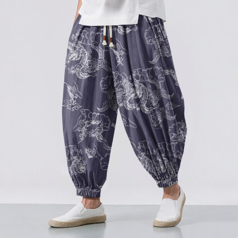 Buddha Stones Pantalones harem para hombre de algodón puro con estampado de dragón y nubes, cordón ajustable y bolsillos. - Azul pizarra oscuro - US/UK/AU50, EU60 (5XL) - image 12