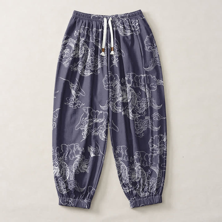 Buddha Stones Pantalones harem para hombre de algodón puro con estampado de dragón y nubes, cordón ajustable y bolsillos. - image 13