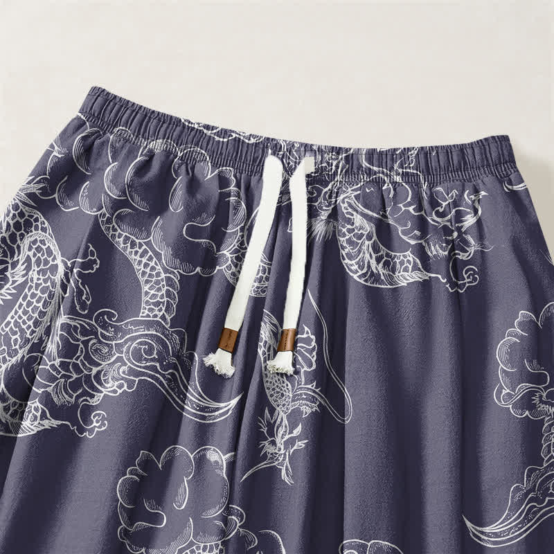 Buddha Stones Pantalones harem para hombre de algodón puro con estampado de dragón y nubes, cordón ajustable y bolsillos. - image 15