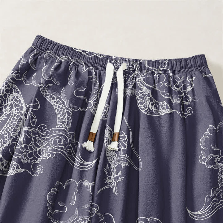 Buddha Stones Pantalones harem para hombre de algodón puro con estampado de dragón y nubes, cordón ajustable y bolsillos. - image 15