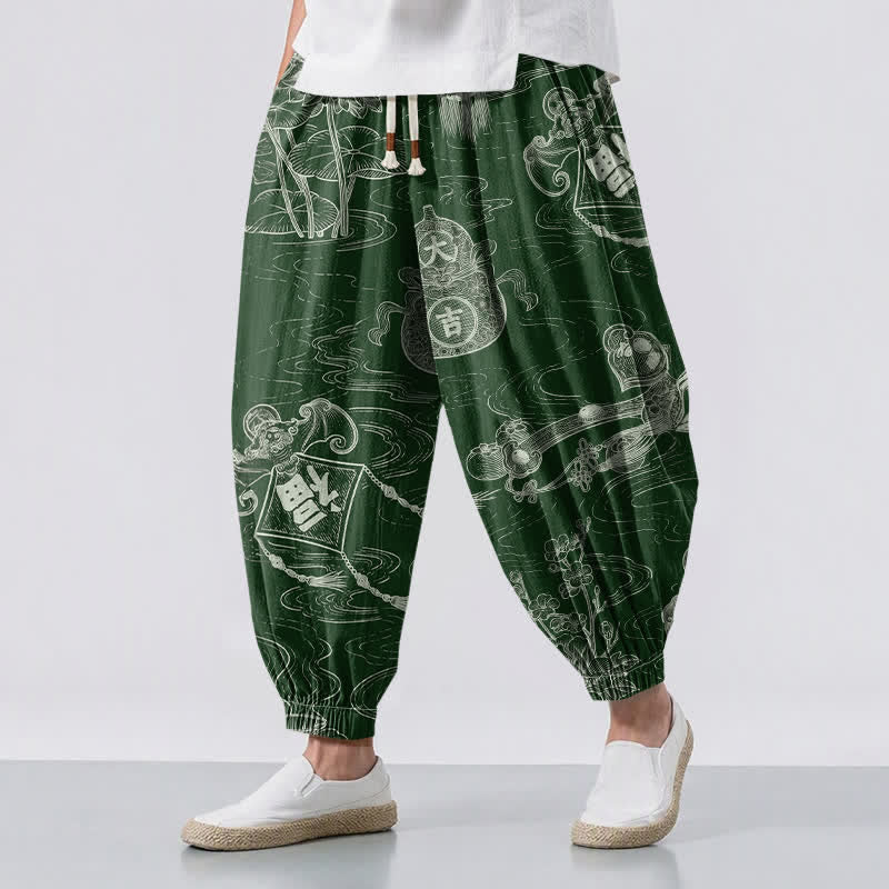Buddha Stones Pantalones harem para hombre de algodón puro con estampado de nube auspiciosa y escritura en letras, cordón ajustable y bolsillos. - Verde bosque - US/UK/AU50, EU60 (5XL) - image 0