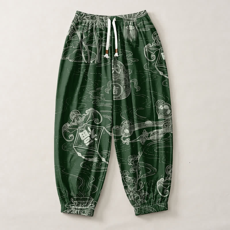 Buddha Stones Pantalones harem para hombre de algodón puro con estampado de nube auspiciosa y escritura en letras, cordón ajustable y bolsillos. - image 1