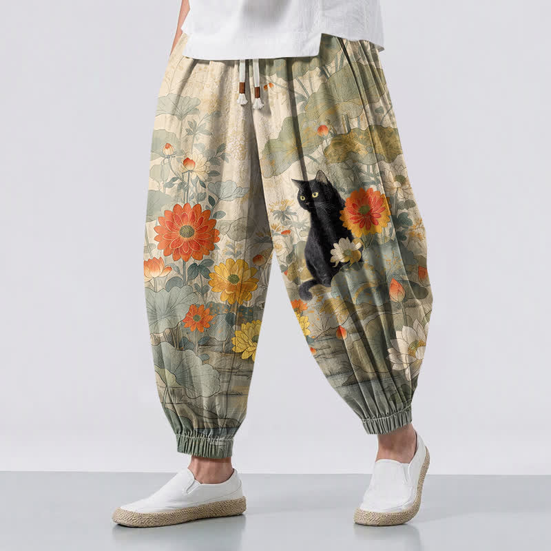 Buddha Stones Pantalones harem para hombre de algodón puro con estampado floral vintage de loto y gato, con cordón ajustable y bolsillos. - Beige - US/UK/AU50, EU60 (5XL) - image 0