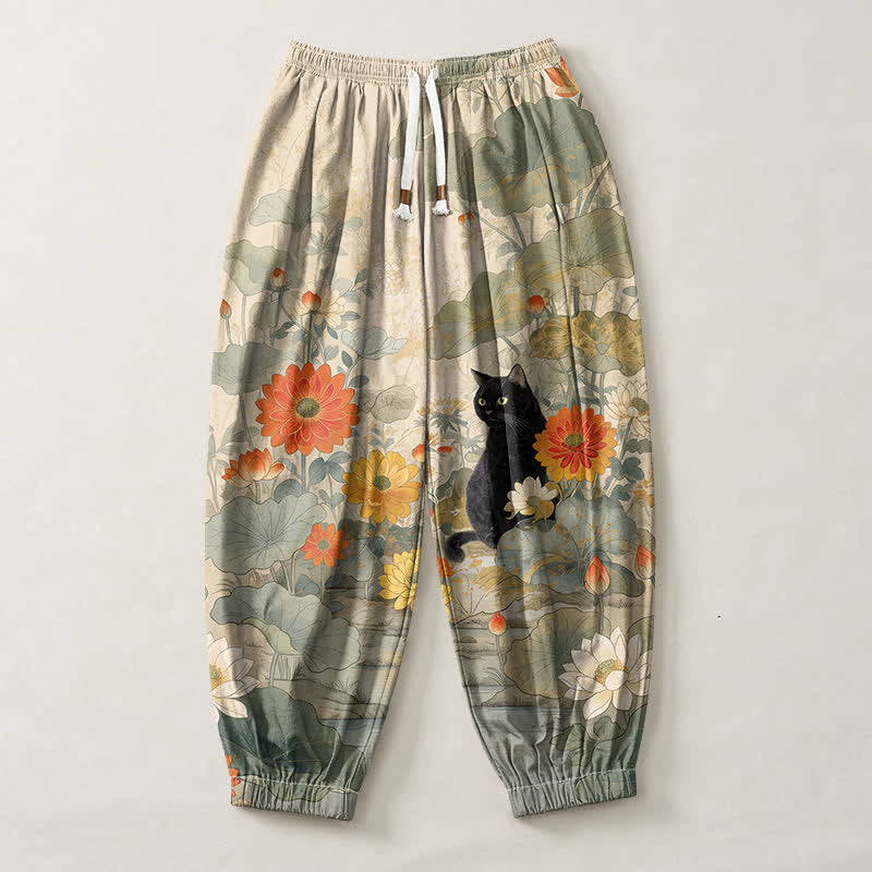 Buddha Stones Pantalones harem para hombre de algodón puro con estampado floral vintage de loto y gato, con cordón ajustable y bolsillos. - image 1