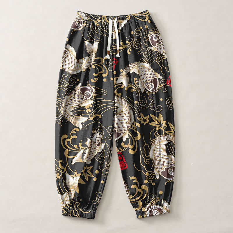 Buddha Stones Pantalones harem para hombre de algodón puro con estampado de peces koi y olas del océano, con cordón ajustable y bolsillos. - image 1