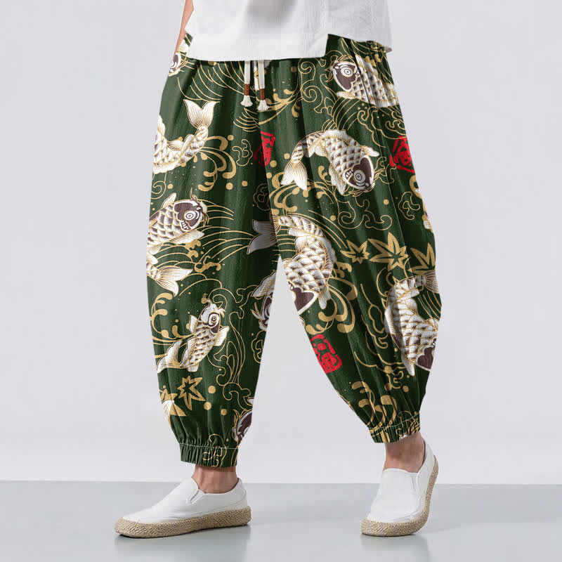 Buddha Stones Pantalones harem para hombre de algodón puro con estampado de peces koi y olas del océano, con cordón ajustable y bolsillos. - Verde bosque - US/UK/AU50, EU60 (5XL) - image 12