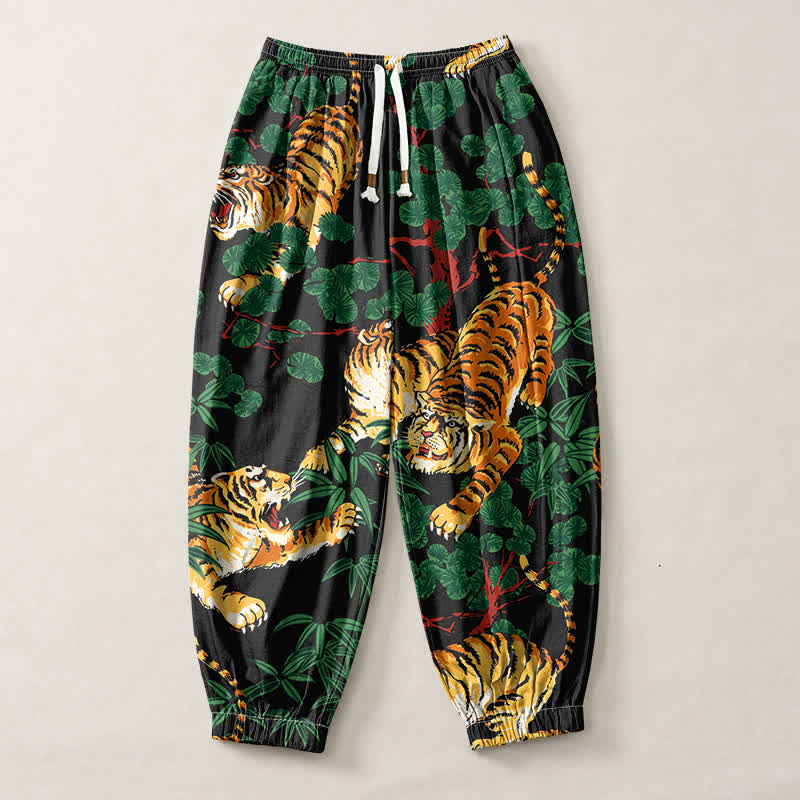 Buddha Stones Pantalones harem para hombre de algodón puro con estampado de hojas tropicales de tigre, cordón ajustable y bolsillos. - image 1