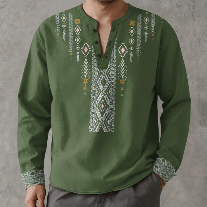 Buddha Stones Camisas de manga larga para hombre de algodón con estampado geométrico de rombos tribales y botones. - Verde oliva - US/UK/AU48, UE58 (4XL) - image 7
