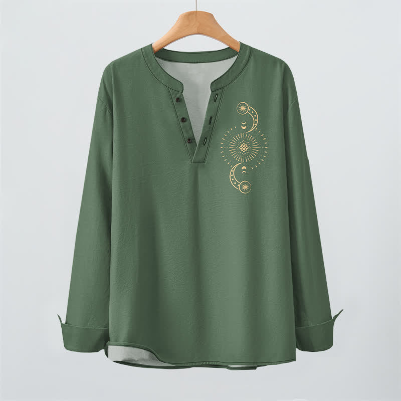 Buddha Stones Camisas de manga larga para hombre de algodón con cuello en V y estampado de sol y luna celestiales. - image 16