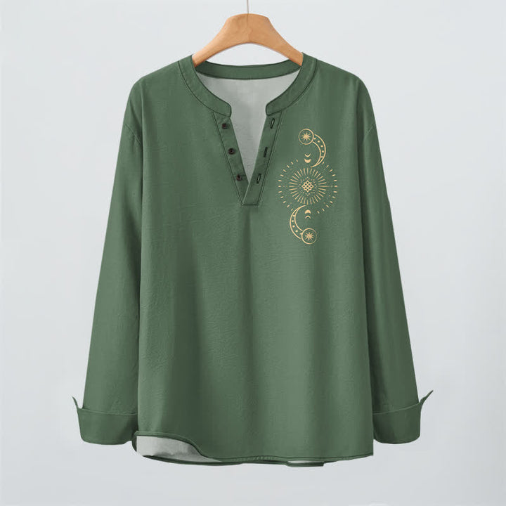 Buddha Stones Camisas de manga larga para hombre de algodón con cuello en V y estampado de sol y luna celestiales. - image 16