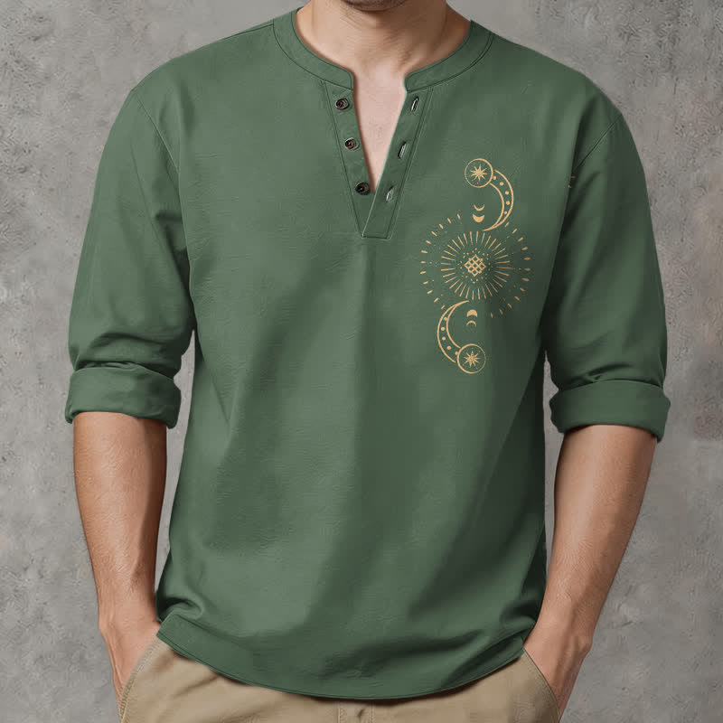 Buddha Stones Camisas de manga larga para hombre de algodón con cuello en V y estampado de sol y luna celestiales. - Verde mar medio - US/UK/AU48, UE58 (4XL) - image 14