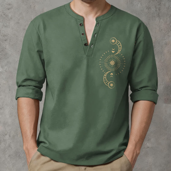 Buddha Stones Camisas de manga larga para hombre de algodón con cuello en V y estampado de sol y luna celestiales. - Verde mar medio - US/UK/AU48, UE58 (4XL) - image 14