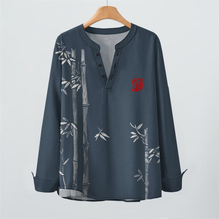 Buddha Stones Camisas de manga larga para hombre de algodón blanco con estampado de bambú, cuello en V y botones. - image 2