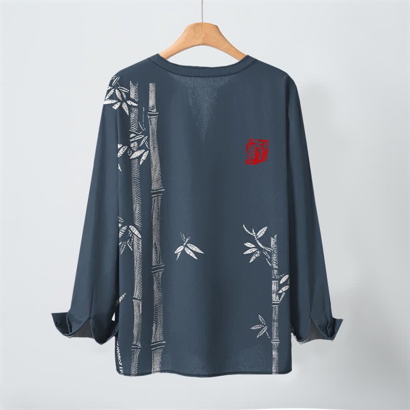 Buddha Stones Camisas de manga larga para hombre de algodón blanco con estampado de bambú, cuello en V y botones. - image 3