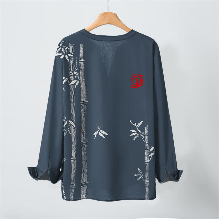 Buddha Stones Camisas de manga larga para hombre de algodón blanco con estampado de bambú, cuello en V y botones. - image 3