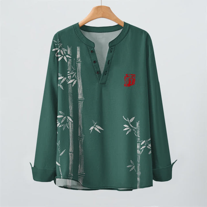 Buddha Stones Camisas de manga larga para hombre de algodón blanco con estampado de bambú, cuello en V y botones. - image 9