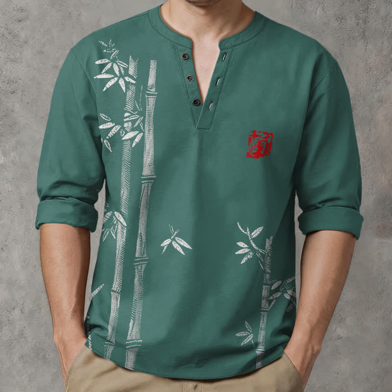 Buddha Stones Camisas de manga larga para hombre de algodón blanco con estampado de bambú, cuello en V y botones. - Verde azulado - US/UK/AU48, UE58 (4XL) - image 7