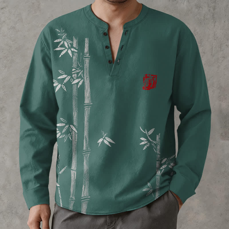 Buddha Stones Camisas de manga larga para hombre de algodón blanco con estampado de bambú, cuello en V y botones. - image 8
