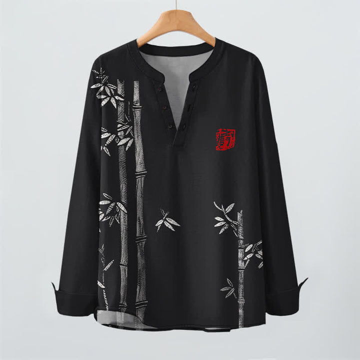 Buddha Stones Camisas de manga larga para hombre de algodón blanco con estampado de bambú, cuello en V y botones. - image 16