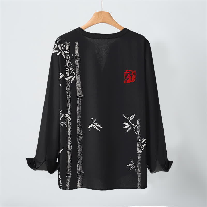 Buddha Stones Camisas de manga larga para hombre de algodón blanco con estampado de bambú, cuello en V y botones. - image 17