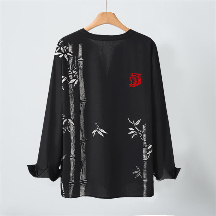 Buddha Stones Camisas de manga larga para hombre de algodón blanco con estampado de bambú, cuello en V y botones. - image 17
