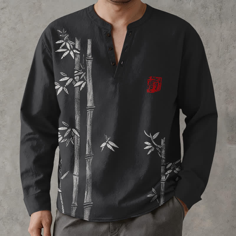 Buddha Stones Camisas de manga larga para hombre de algodón blanco con estampado de bambú, cuello en V y botones. - image 15