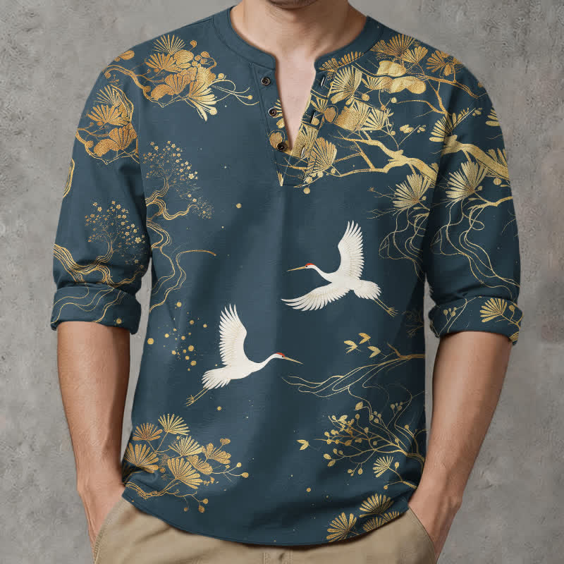 Buddha Stones Camisas de manga larga para hombre con cuello en V y botones, con estampado floral de grullas y algodón. - Azul acero - US/UK/AU48, UE58 (4XL) - image 0