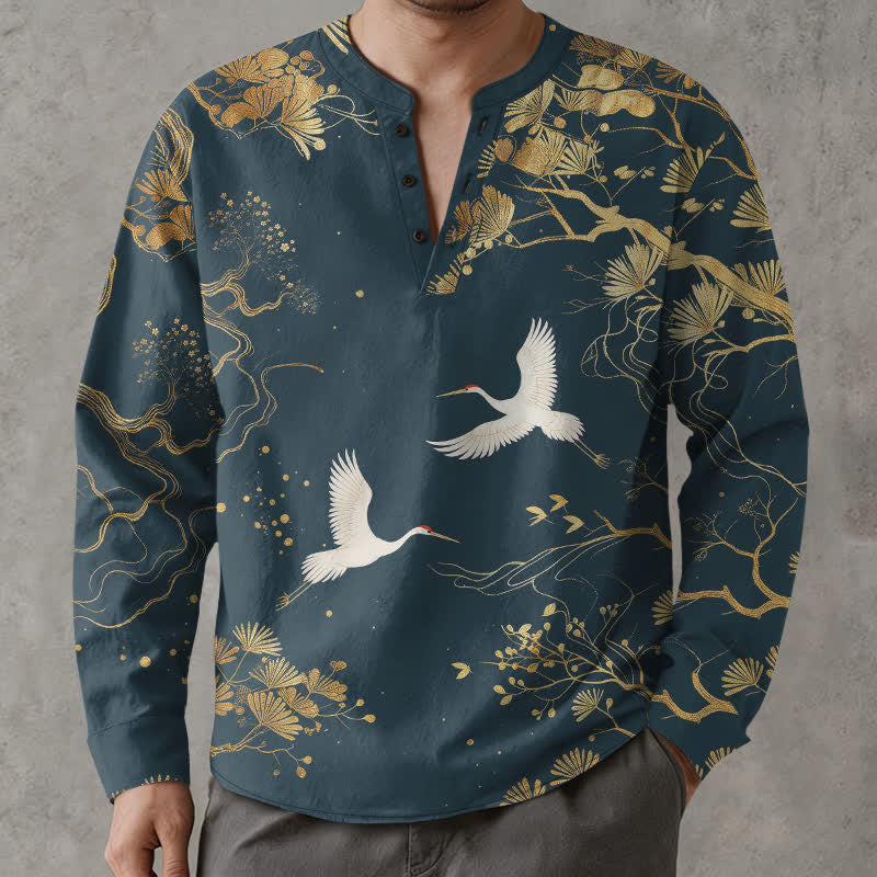 Buddha Stones Camisas de manga larga para hombre con cuello en V y botones, con estampado floral de grullas y algodón. - image 1
