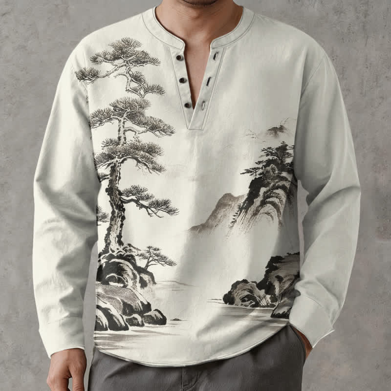 Buddha Stones Camisas de manga larga para hombre con cuello en V y botones, con estampado de paisaje de pinos y montañas, de Cotton Ink. - Beige - US/UK/AU48, UE58 (4XL) - image 0
