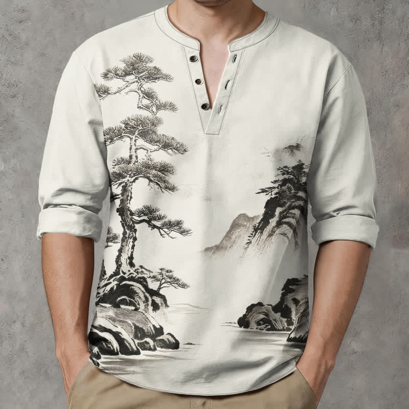 Buddha Stones Camisas de manga larga para hombre con cuello en V y botones, con estampado de paisaje de pinos y montañas, de Cotton Ink. - image 1