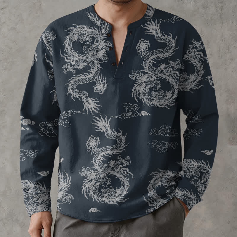 Buddha Stones Camisas de manga larga para hombre de algodón con cuello en V, estampado de nube de dragón blanco oriental y botones. - image 1