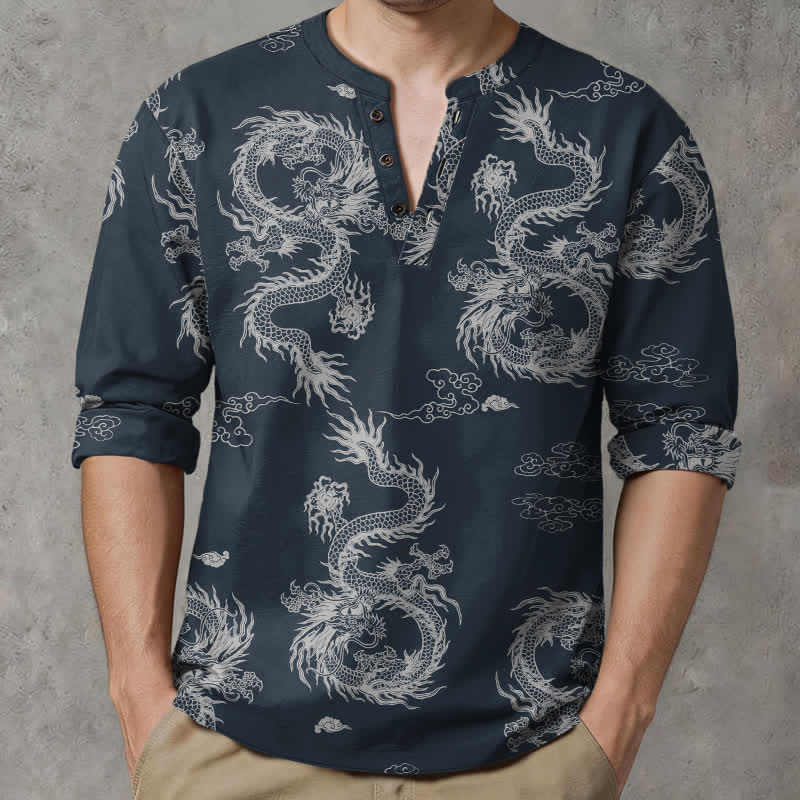 Buddha Stones Camisas de manga larga para hombre de algodón con cuello en V, estampado de nube de dragón blanco oriental y botones. - Marina de guerra - US/UK/AU48, UE58 (4XL) - image 0