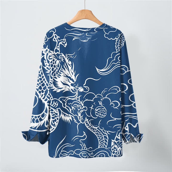 Buddha Stones Camisas de manga larga para hombre de algodón con cuello en V y estampado de nubes de dragón chino. - image 3