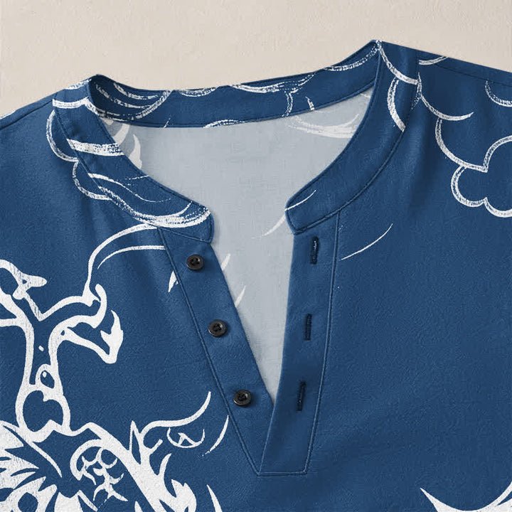 Buddha Stones Camisas de manga larga para hombre de algodón con cuello en V y estampado de nubes de dragón chino. - image 4