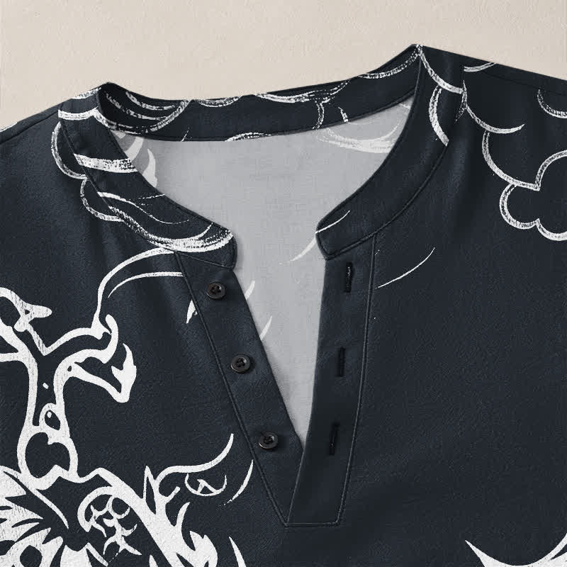 Buddha Stones Camisas de manga larga para hombre de algodón con cuello en V y estampado de nubes de dragón chino. - image 11