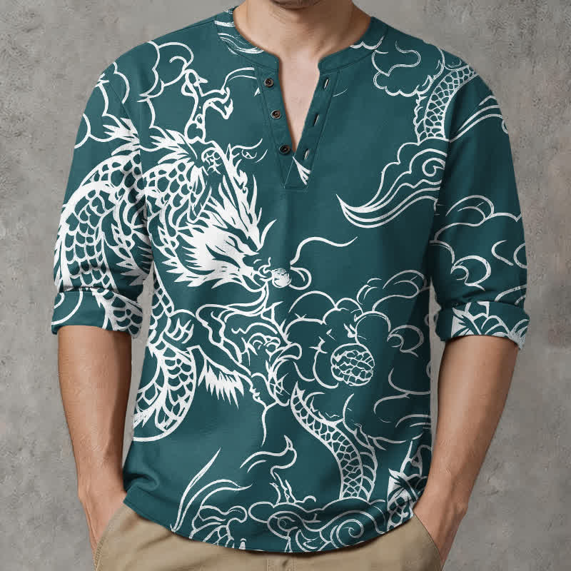 Buddha Stones Camisas de manga larga para hombre de algodón con cuello en V y estampado de nubes de dragón chino. - image 15