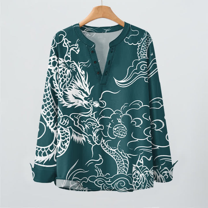 Buddha Stones Camisas de manga larga para hombre de algodón con cuello en V y estampado de nubes de dragón chino. - image 16
